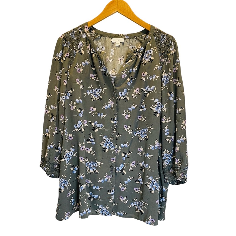 J.Jill Floral Top with Smocked Accents Sage Green